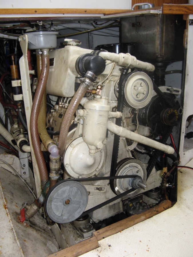 Détail du moteur OM636 : durites, filtre, poulies.